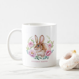Niedliches Watecolat Kaninchen und rosa Blume Kaffeetasse