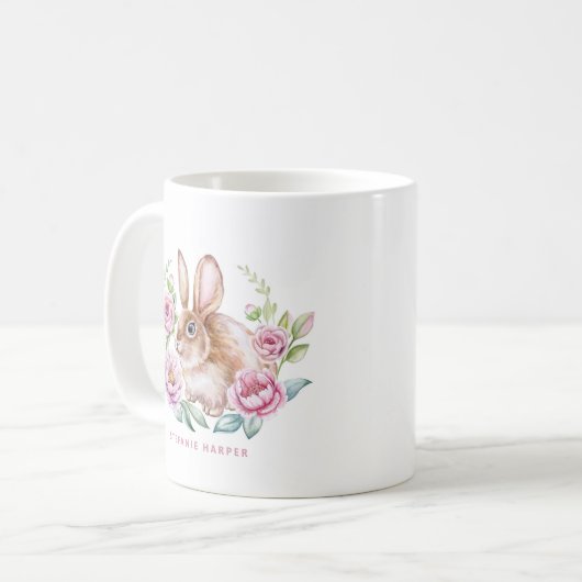 Niedliches Watecolat Kaninchen und rosa Blume Kaffeetasse (Vorderseite Links)