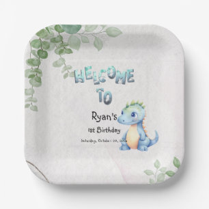 Niedliches Watercolor Baby Dinosaur 1. Geburtstag Pappteller
