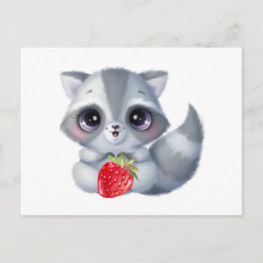 Niedliches Watercolor Baby Raccoon mit Erdbeerobst Postkarte (Vorderseite)