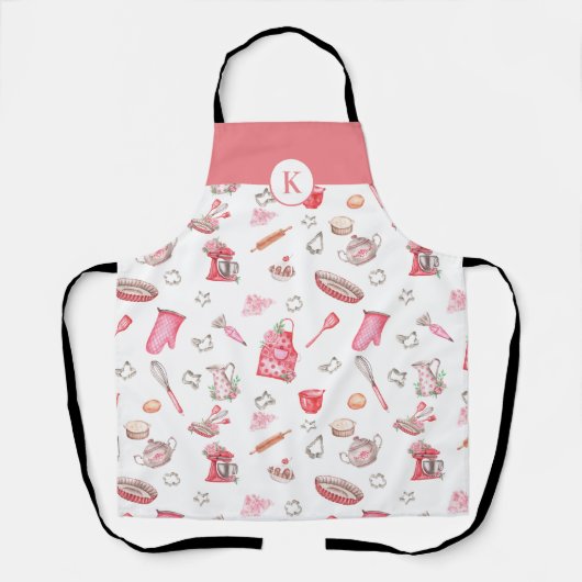 Niedliches Watercolor Baking Muster Pink Monogramm Schürze (Vorderseite)