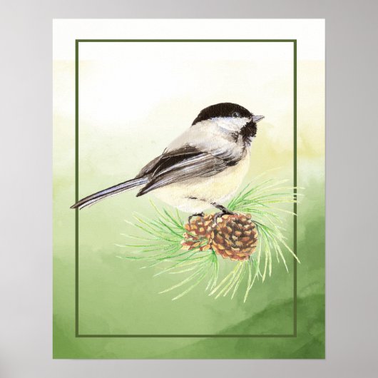 Niedliches Watercolor Chickadee Bird Pine Tree Pos Poster (Vorne)