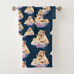 Niedliches Watercolor Mother Lion & Cub Muster Badhandtuch Set