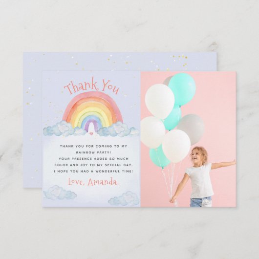 Niedliches Watercolor Rainbow Birthday Party Foto Dankeskarte (Vorne/Hinten)