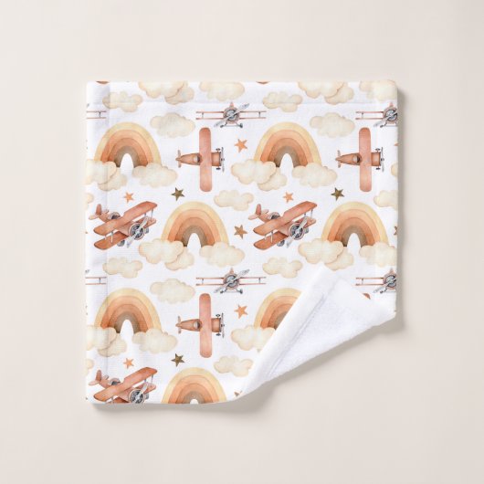 Niedliches Watercolor Rainbow-Flugzeugmuster Badhandtuch Set (Waschlappen)