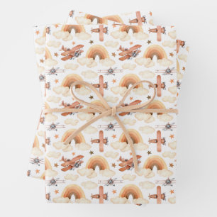 Niedliches Watercolor Rainbow-Flugzeugmuster Geschenkpapier Set