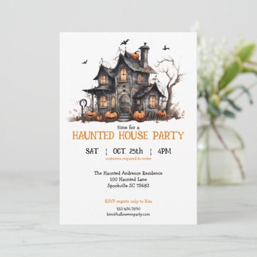 Niedliches Watercolor Spuk House Halloween-Party Einladung (Stehend Vorderseite)