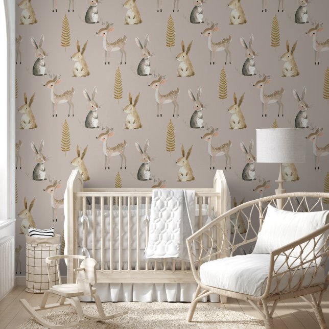 Niedliches Watercolor Woodland Animals Boho Kinder Tapete (Kinder)