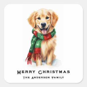 Niedliches Weihnachten Golden Retriever Wasserfarb Quadratischer Aufkleber