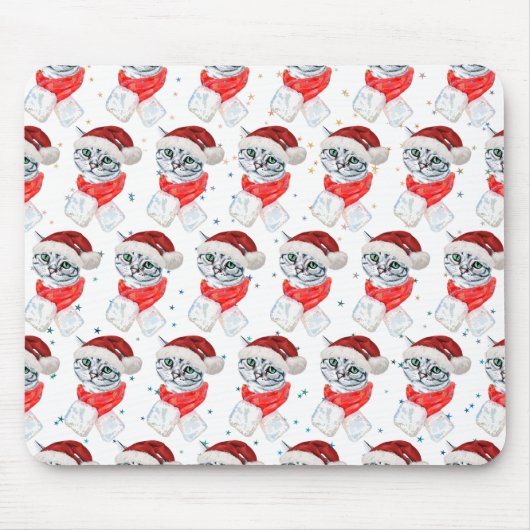 Niedliches Weihnachten Grau Tabby Cat Wasserfarbe Mousepad (Vorne)