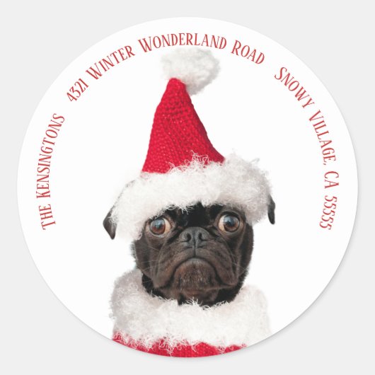 Niedliches Weihnachten Schwarzer Mops Welpe Santa Runder Aufkleber (Vorderseite)