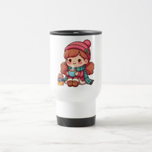 Niedliches Weihnachts-/Wintermädchen mit Kakao Reisebecher