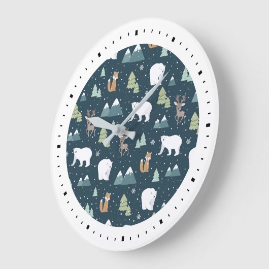 Niedliches Weihnachts-Wintertiermuster Große Wanduhr (Winkel)