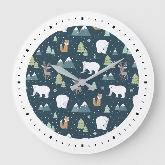 Niedliches Weihnachts-Wintertiermuster Große Wanduhr (Vorderseite)