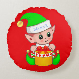 Niedliches Weihnachtsbaby Elf auf Red Rundes Kissen