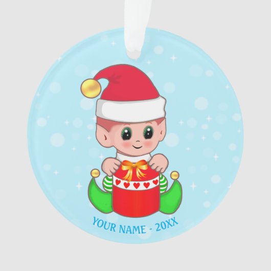 Niedliches Weihnachtsbaby Elf, Individuelle Name a Ornament (Vorderseite)