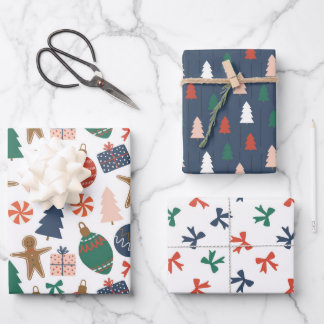 Niedliches Weihnachtsbaum- und Bows-Muster Geschenkpapier Set