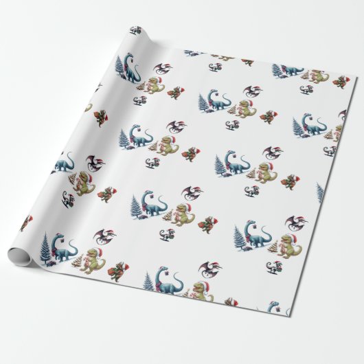 Niedliches Weihnachtsdinosaurier-Wrapping Paper Geschenkpapier (Ungerollt)