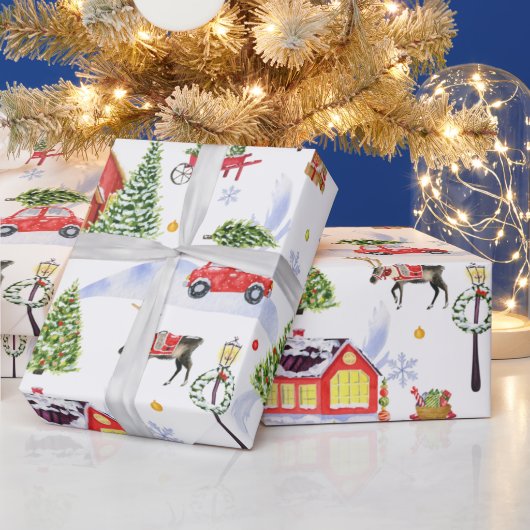 Niedliches Weihnachtsdorf mit Weihnachtsbaum Geschenkpapier (Feiertage)