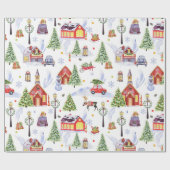 Niedliches Weihnachtsdorf mit Weihnachtsbaum Geschenkpapier (Flach)
