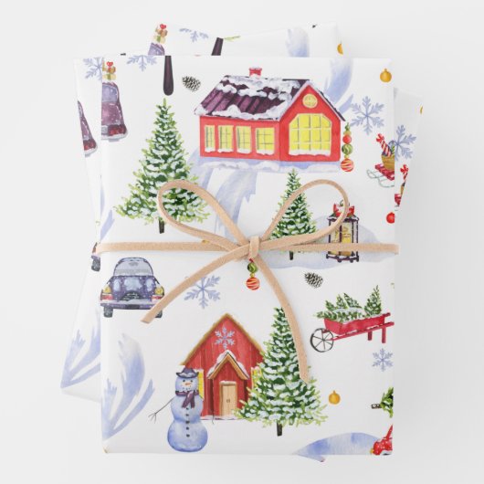 Niedliches Weihnachtsdorf mit Weihnachtsbaum Geschenkpapier Set (Beispiel)