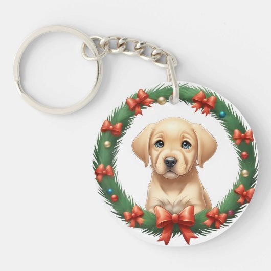Niedliches Weihnachtsfest Labrador Pup Wreath Schlüsselanhänger (Vorderseite)