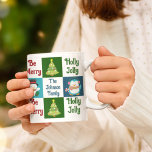 Niedliches Weihnachtsgebäck Weihnachtsmann Persona Kaffeetasse<br><div class="desc">Diese niedliche Weihnachtsfeier-Tasse für Kinder bietet eine wunderschöne Collage aller Ihrer Lieblingsspeisen. Jolly Santa Claus auf Rot, ein hübscher Weihnachtsbaum auf grün, ein fröhlicher Schneemann auf blau und ein bezaubernder Pinguin, der neben Ihrem personalisierten Text einen Schal trägt. Mit diesem festlichen und unterhaltsamen Design gestalten Sie Ihr Urlaubsgeschenk individuell. Zu...</div>