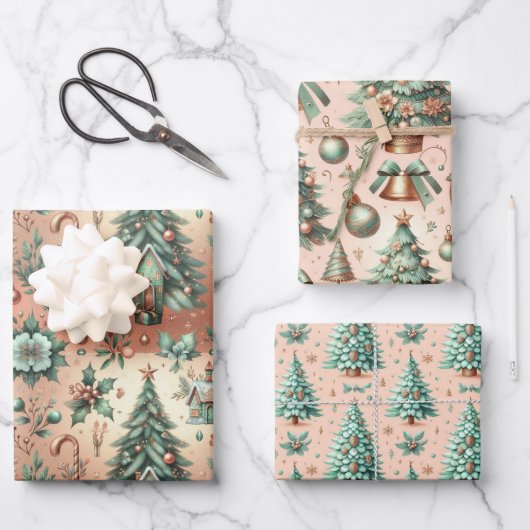 Niedliches Weihnachtsgeschenk für Grüne Bäume Geschenkpapier Set (Vorderseite)