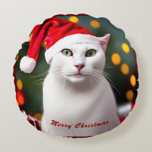 Niedliches Weihnachtsgeschenk Weiße Katze mit Weih Rundes Kissen