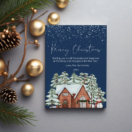 Niedliches Weihnachtshaus und Schneeflocke Feiertagskarte