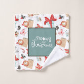 Niedliches Weihnachtskatzenmuster Aquamarin und we Badhandtuch Set (Waschlappen)