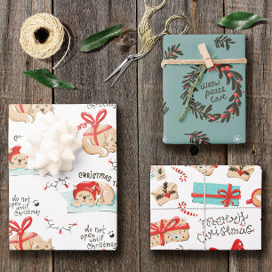 Niedliches Weihnachtskatzenmuster Geschenkpapier Set