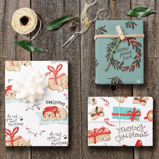 Niedliches Weihnachtskatzenmuster Geschenkpapier Set