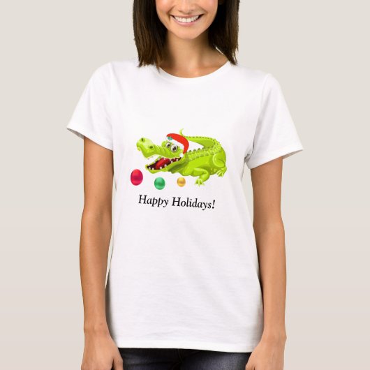 Niedliches Weihnachtskrokodil. Green Golden & Red T-Shirt (Vorderseite)