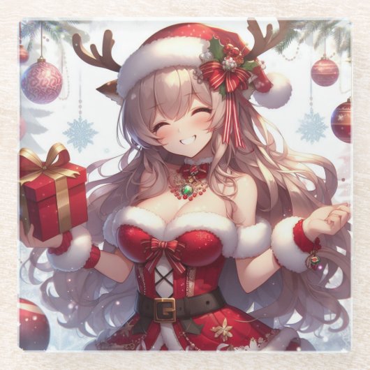 Niedliches Weihnachtsmädchen Glasuntersetzer (Vorderseite)
