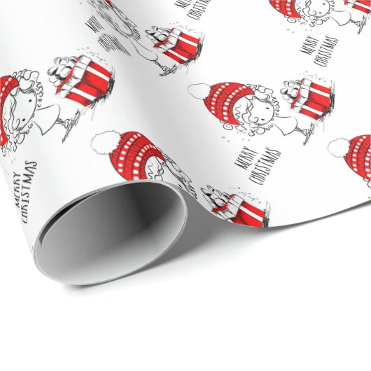 Niedliches Weihnachtsmädchen mit Geschenk Geschenkpapier (Rolleneckpunkt)