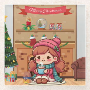 Niedliches Weihnachtsmädchen mit Kakao Glasuntersetzer