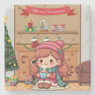 Niedliches Weihnachtsmädchen mit Kakao Steinuntersetzer