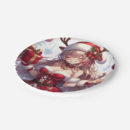 Niedliches Weihnachtsmädchen Pappteller (Schrägansicht)