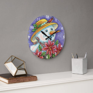 Niedliches Weihnachtsmädchen Snowman mit Poinsetti Große Wanduhr