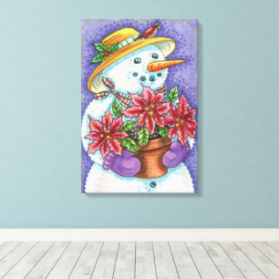 Niedliches Weihnachtsmädchen Snowman mit Poinsetti Leinwanddruck