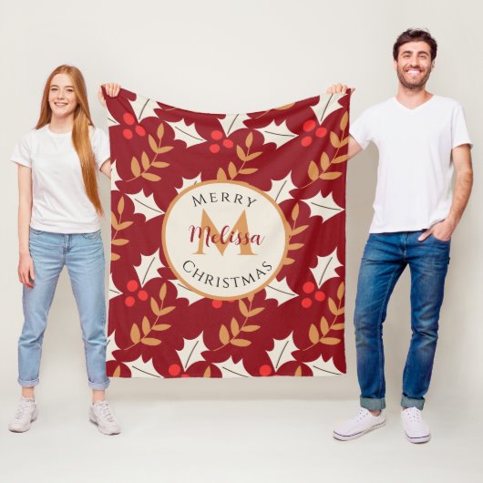 Niedliches Weihnachtsmongramm Burgundy Holly Mistl Fleecedecke (Beispiel)