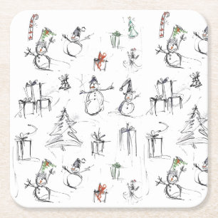Niedliches Weihnachtsmuster mit Snowman, Tree und Rechteckiger Pappuntersetzer
