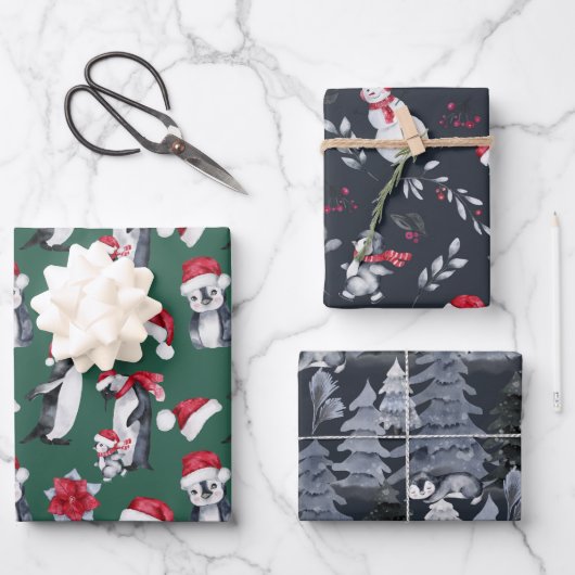 Niedliches Weihnachtsmuster Pinguin Illustration K Geschenkpapier Set (Vorderseite)