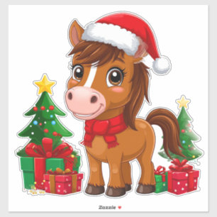 Niedliches Weihnachtspferd mit Weihnachtsmannmütze Aufkleber
