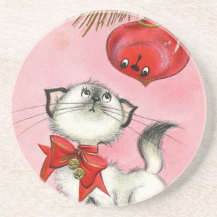 Niedliches WeihnachtsRetro Vintag Kitten Katzenbau Getränkeuntersetzer