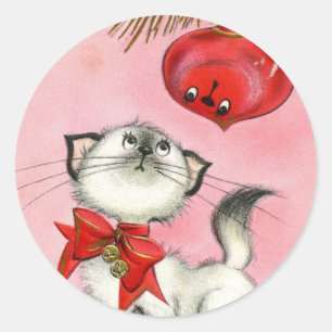 Niedliches WeihnachtsRetro Vintag Kitten Katzenbau Runder Aufkleber