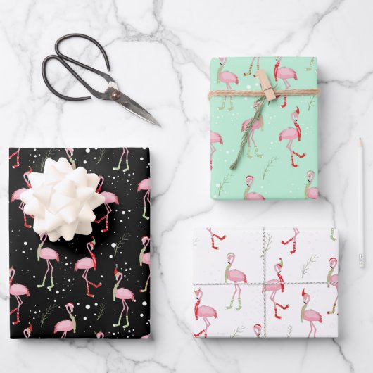 Niedliches Weihnachtsrosa Flamingo-Muster Geschenkpapier Set (Vorderseite)
