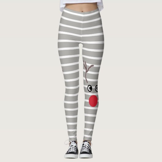 Niedliches Weihnachtsrotes Nasen-Ren Striped Leggings (Vorderseite)