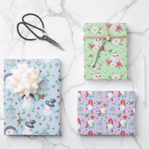 Niedliches Weihnachtsschneemann Gnome Owl Geschenkpapier Set